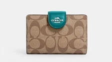 NWT Coach Medium Corner Zip Wallet In Signature Canvas Leather Khaki/Teal C0082
