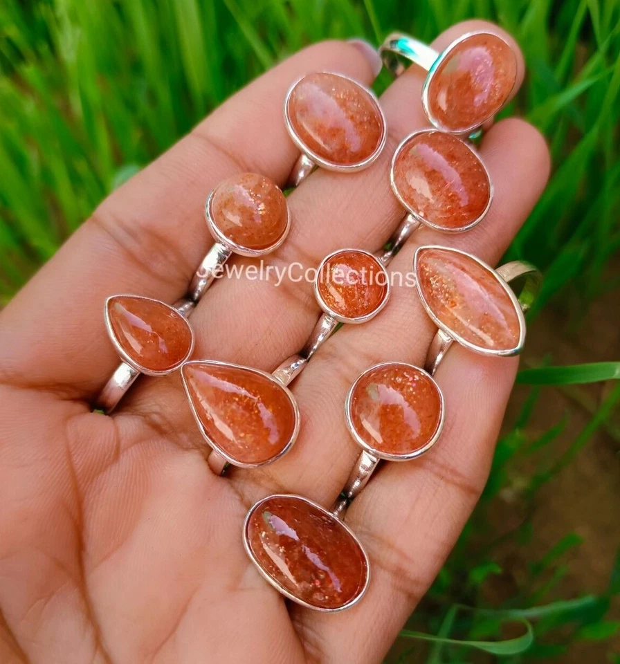 Лот колец с натуральным солнечным камнем серебро 925 покрытие кольца ручной работы женские кольца B150 - Изображение 2 из 4