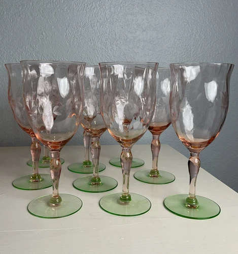 Vintage Watermelon Pink And Green Weston Depression Glass Set Of 9