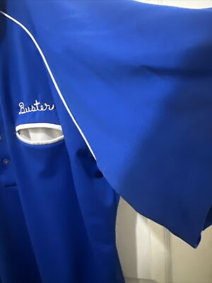 Vtg 60s Bowling Shirt Embroidered Stitch Royal Blue Size L