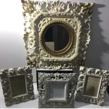 Vtg Italian Euromarchi Rustic Faux Resin Set Wall Mirror & 3 Sm Picture Frames