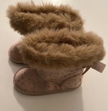 Size 10 Girl Kids Pink Silver Star Print Fur Trimmed Lined Bow Back Boots Shoes