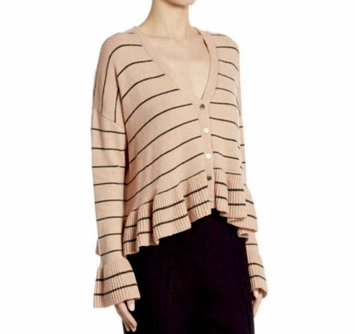 Cinq a Sept Noa Striped Cardigan Sweater Light Pink Black Stripes