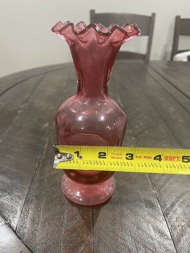Fenton Cranberry Red Square Glass Vase Ruffle 7.25” Pedestal Base - Picture 7 of 7