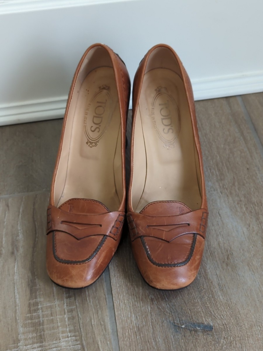 TOD'S JODIE PENNY Cognac HEELED LOAFERS 8.5 Women's | eBay
