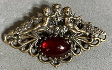 Sadie Green Victorian Revival Red Glass Cab Cherubs Fan Shape Pin Brooch Ornate