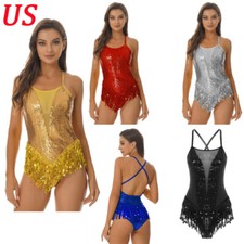 Womens Sequins Fringe Dance Leotard Bodysuit Performance Dancewear Costumes