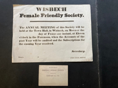 1880s Wisbech Female Friendly Society flyer sheet and calling card John Leach