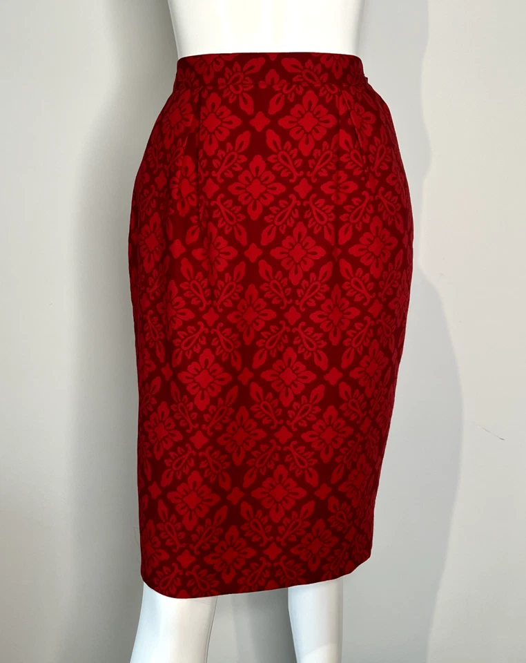 Falda lápiz GUY LAROCHE roja geométrica floral lana challis TALLA 8 AÑOS 80, vintage