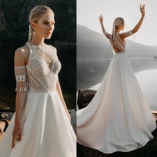 Elegant Satin Wedding Dresses High Neck with Tassel Lace Appliques Bridal Gowns