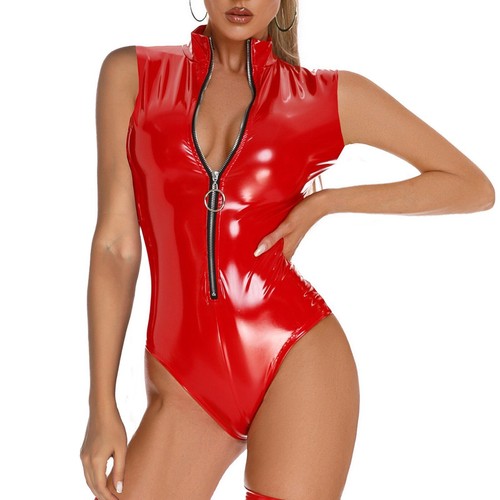 Womens Glossy Faux Leather Bodysuit Lingerie Latex Zipper Crotch Leotard Party - Picture 13 of 20