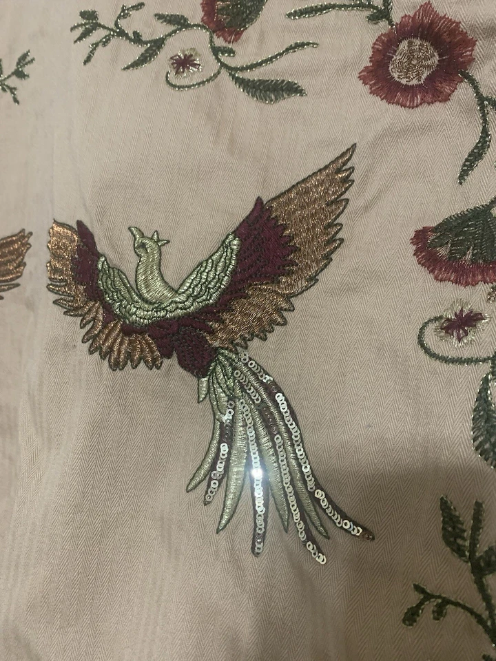 Colleen Lopez Denim Jacket Womens XL Khaki Embroidered Birds Sequins Flowers - Image 3 of 4