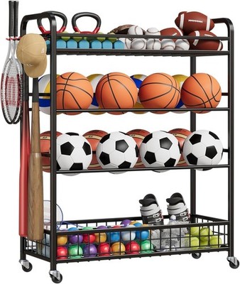 Garage Sports Equipment Organizer - Rolling Ball Storage Bin with Wheels, Gar...