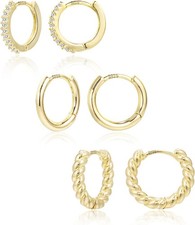3 Pairs Small Huggie Hoop Earrings Set 14K Gold Hypoallergenic Lightweight Huggi