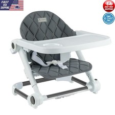 Portable Foldable Booster Seat W/ Adjustable Heights Dishwasher Safe Tray Grey