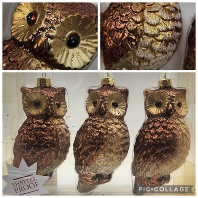 3 NEW Gold Owls Christmas Tree Shatter Proof Ornament 2012 Vintage 5''