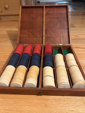 1900s Vintage Clay Poker Chip Set with Cottage Wood Storage Case
