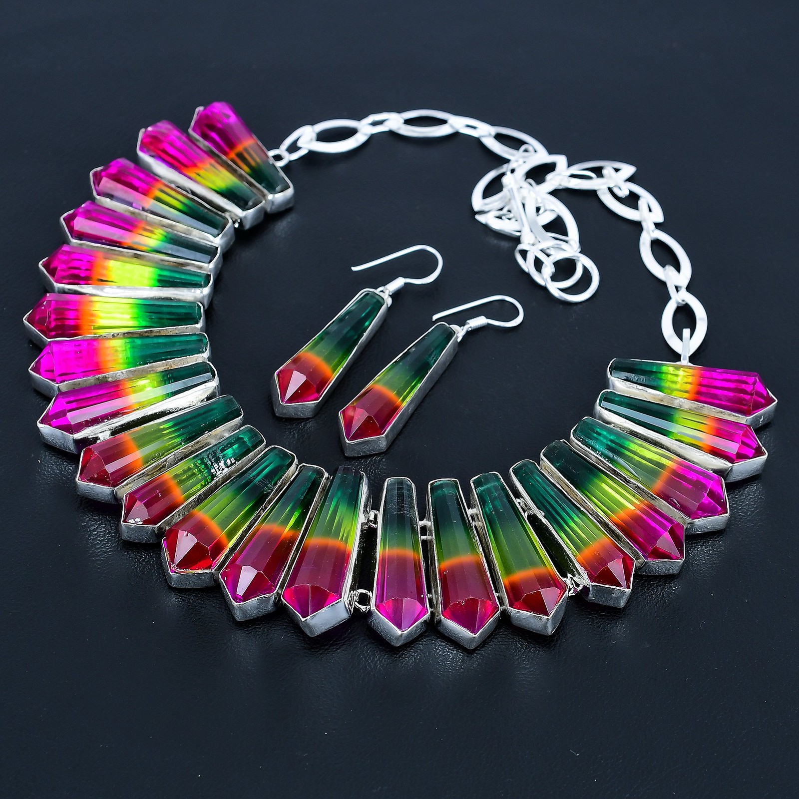 Multi Tourmaline Gemstone 925 Sterling Silver Jewelry Necklace+ Earring VJ 1442