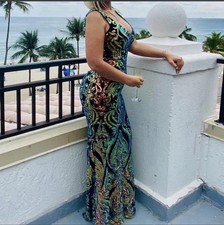 Sequin Multicolor Sleeveless Backless Long Gown Dress with V-Neck