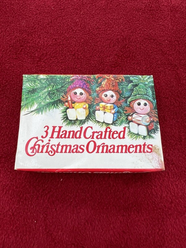 Vintage 3 Hand Crafted Christmas Ornaments Wooden Girls In knitted Hats NIB