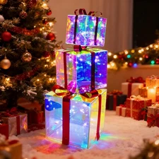 Christmas Light-Up Gift Box Set (3 Pieces)-USB Powered Decorative Present Box...