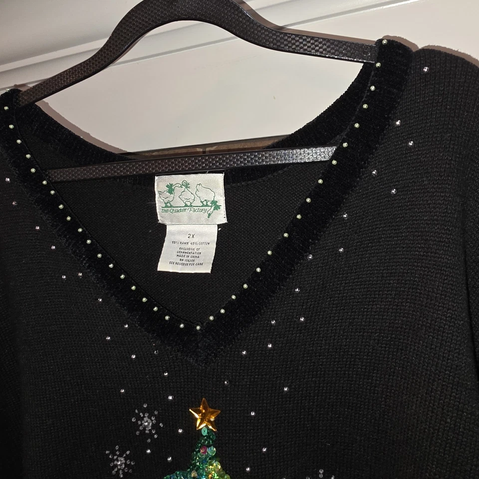 QUACKER FACTORY Sz 2X Vintage Black Sequin Beaded Christmas Tree Tunic Sweater - Image 2 of 4