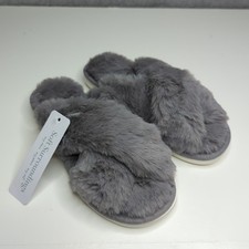 New Soft Surroundings Gray Faux Fur Criss Cross Slip On Slippers Womens S Fuzzy