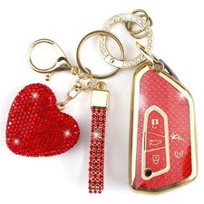 YIKECASE Key Fob Cover with Diamond Keychain Compatible VW Car Red