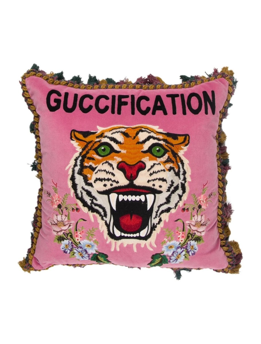 Gucci “Guccification” Tiger Velvet Throw Pillow Pink Embroidered