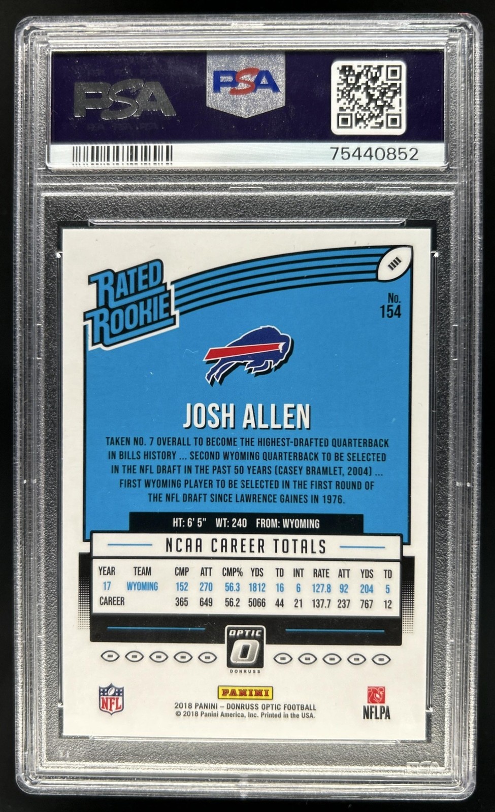 2018 Panini Donruss Optic Josh Allen Rookie RC #154 Bills PSA 10 GEM MINT view 2