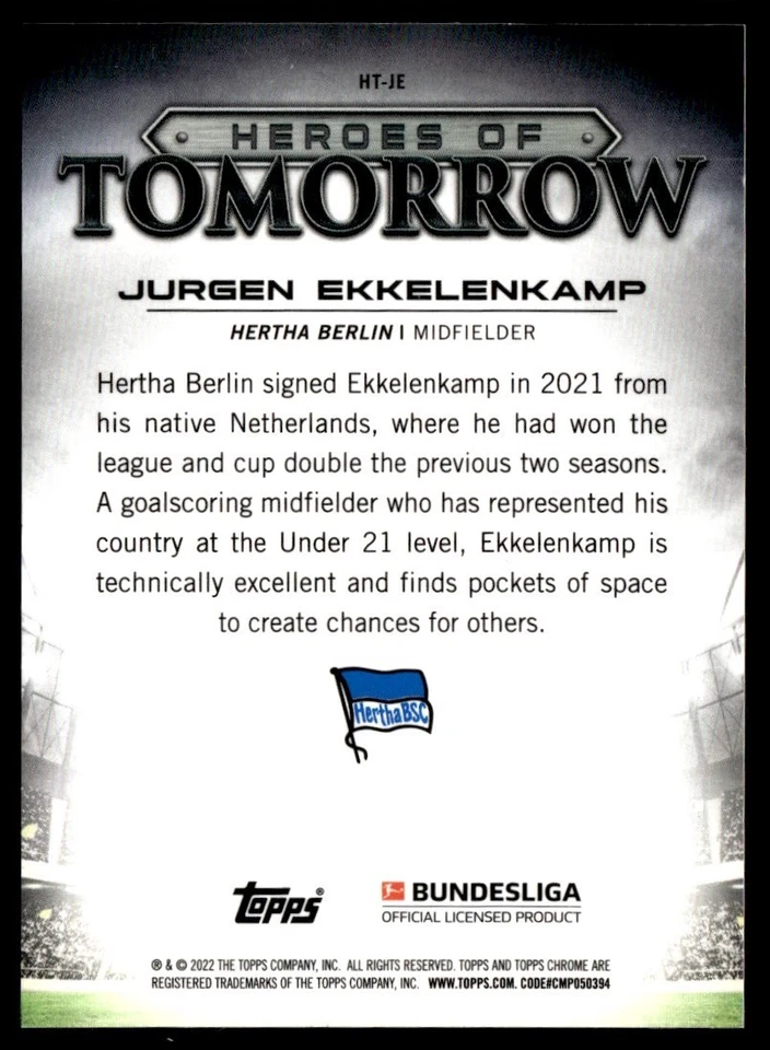 2021 Topps Chrome Bundesliga Heroes of Tomorrow Jurgen Ekkelenkamp Hertha BSC - Image 2 of 2