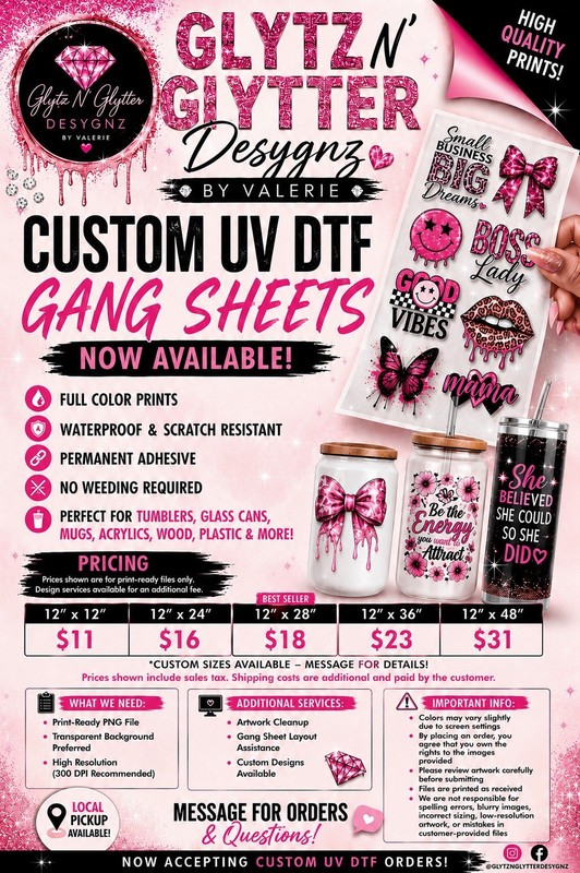 Glytz N' Gytter Designz Custom UV DTF Gang Sheets Heat Transfer Prints