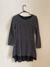 Chaps Gray Knit Sweater Dress S 3/4 Sleeve Black Lace Hem Pullover Casual