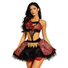Contours Dance Costume Women Medium Red Black Gold Sequin Floral Rose Velvet Set