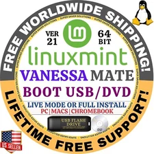 Linux MINT 21 USB VANESSA Mate 64-Bit Live Boot, Full Install for MAC, PC