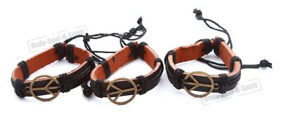3 Peace Zeichen Charm Vintage Schwarz Leder Unisex Armband Armreif Handarbeit Verstellbar