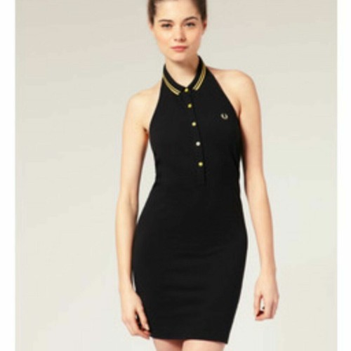 NEW Fred Perry Amy Winehouse Black Yellow Stretch Halter Mini Dress UK 14 42 10 - Picture 4 of 8