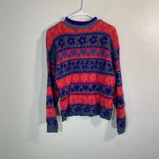 Sostanza Womens 80s Vintage Design Sweater Abstract Pink Flowers Hearts Acrylic