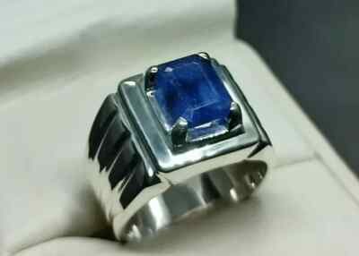 Emerald Cut Lab Created Sapphire Men Wedding Ring 14k White Gold Plated Silver