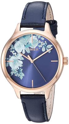 New Ladies Timex Full Bloom Rose Gold Blue Flower Swarovski