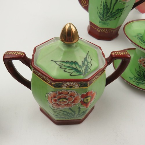 Antiguo Juego de Tetera Hinode Moriage Japón Chocolate Pintado a Mano Verde Rojo Floral - Imagen 7 de 12