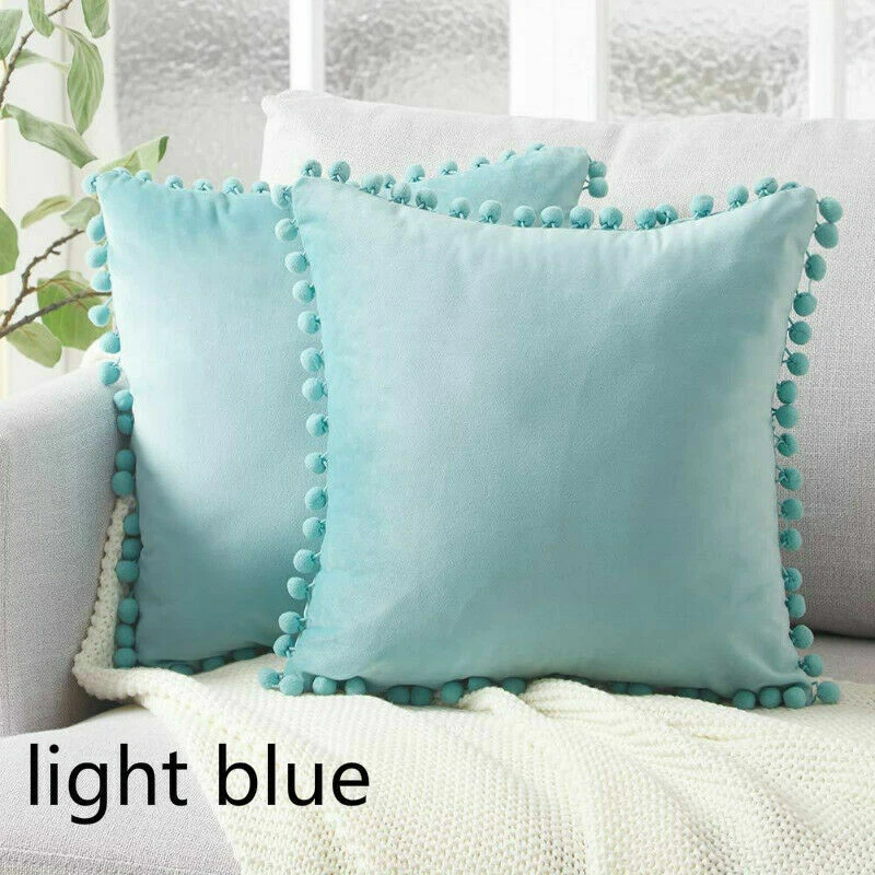 2pcs Throw Sofa Pillow Case Cover Cushion Velvet Velour Home Decor Pom Pom - Image 4 of 4