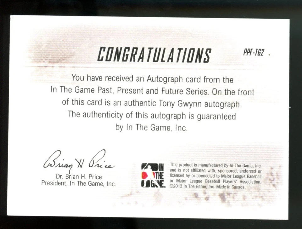 2013 ITG Past Present and Future Tony Gwynn Autograph Signed Padres - Image 2 of 2