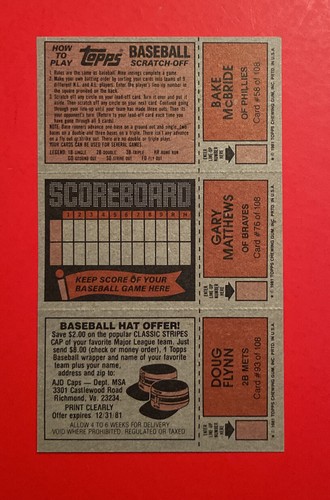 1981 Topps Baseball Scratch Off Card Bake McBride Gary Matthews Doug Flynn Mets - Picture 2 of 2