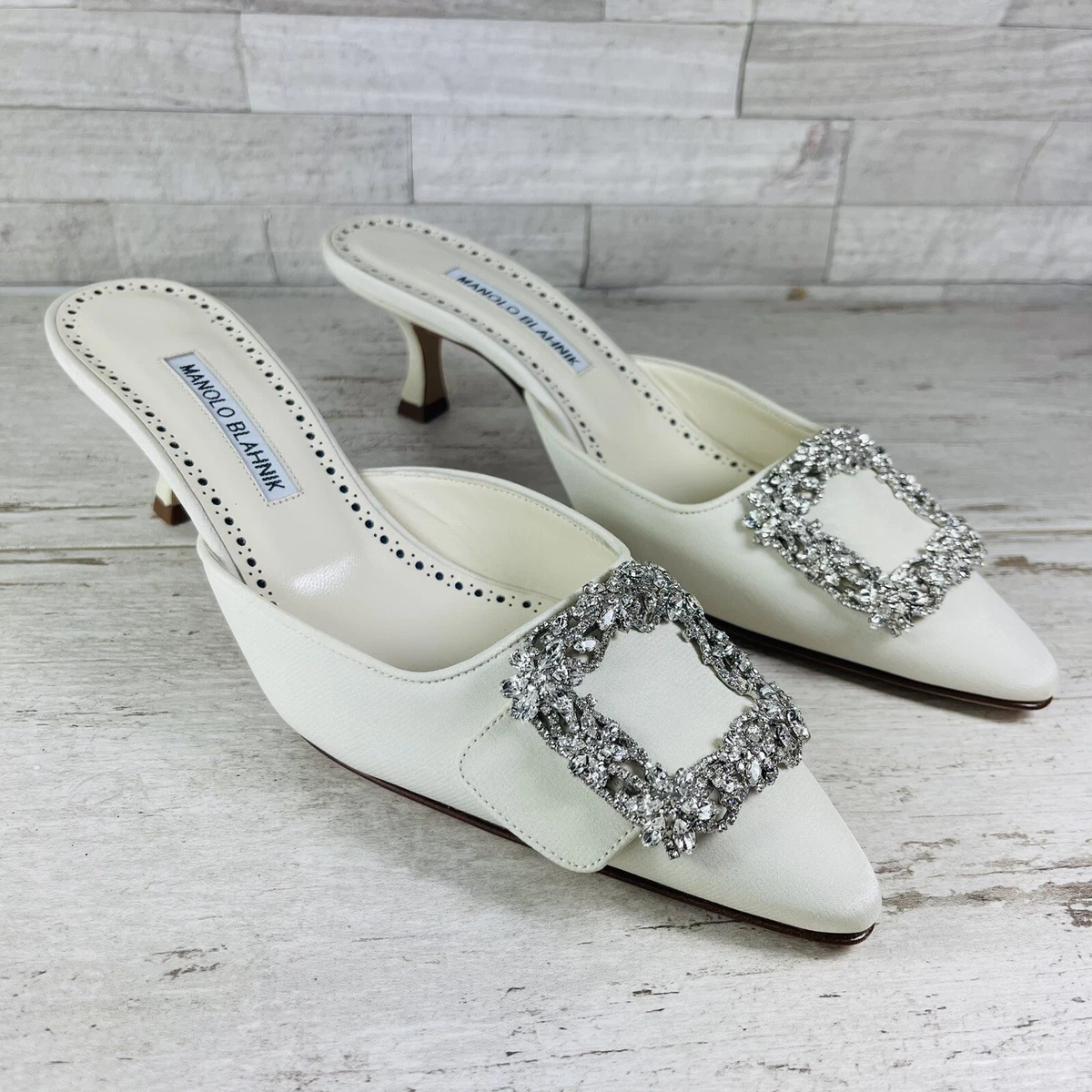 Manolo Blahnik Maysale 50 Jewel Buckled Crepe Mule Heel Cream Silk