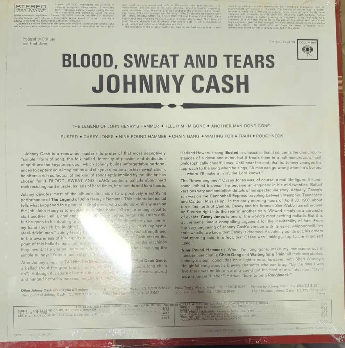 JOHNNY CASH: BLOOD, SWEAT & TEARS Vinyl Record Album LP