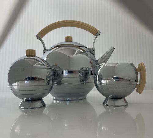 Chase Comet Art Deco Tea Service 3-Piece Set Chrome with Bakelite Handle & Knobs - Picture 1 of 10