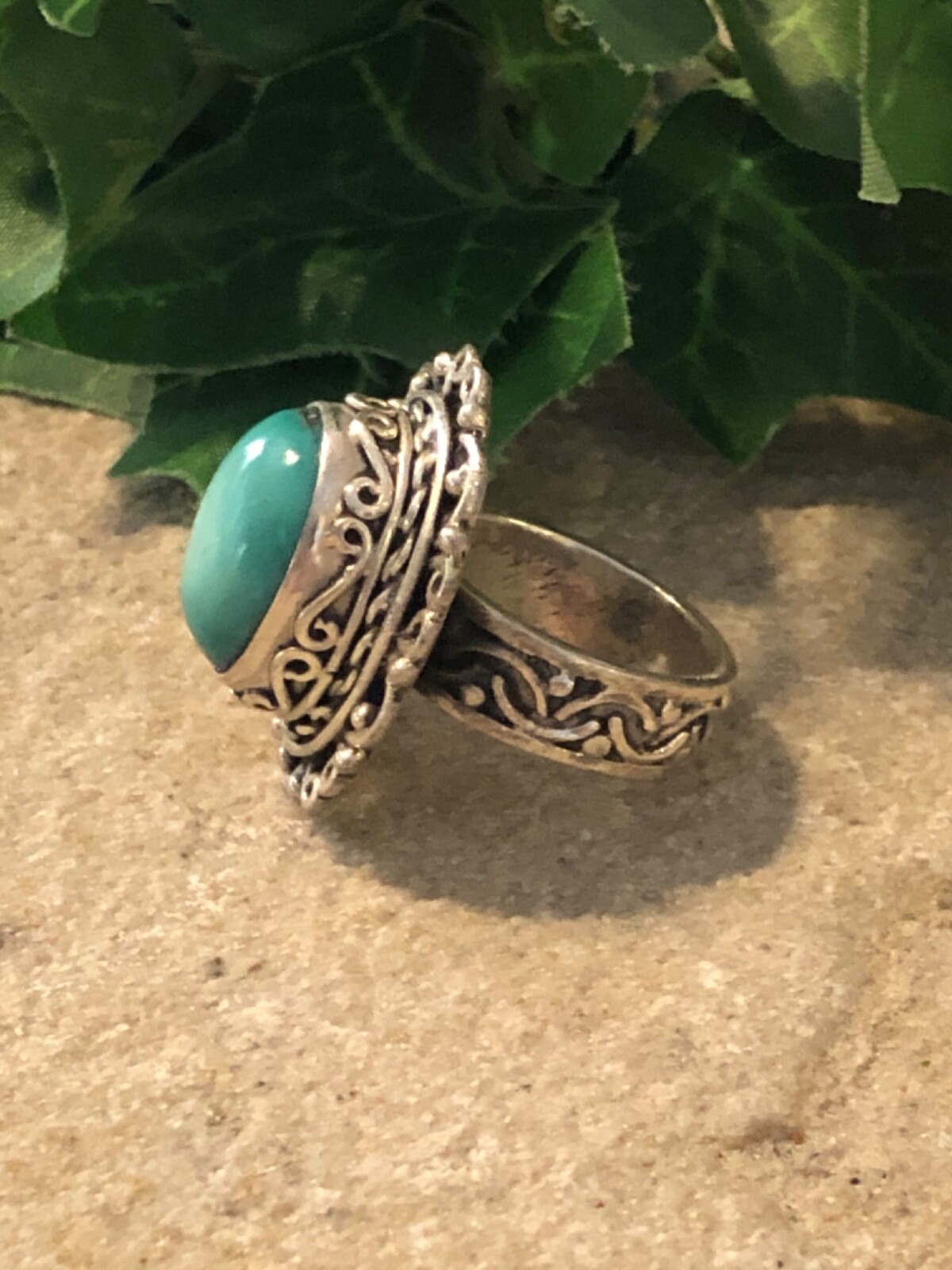 STERLING SILVER Large Turquoise Scroll Ring 15.6 … - image 3