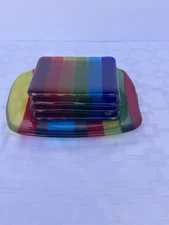 Handmade Fused Glass Rainbow Coasters Set of 4 w/ Matching Trinket Dish