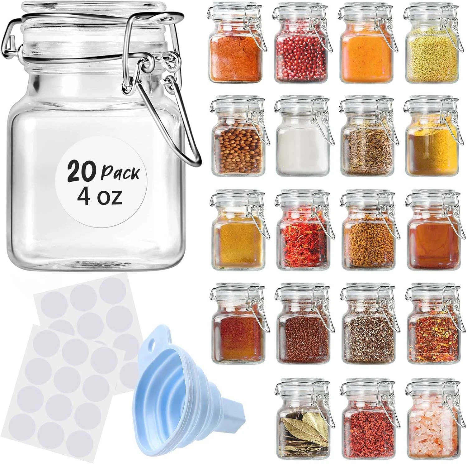 Spice Jars 20 Pack Small 4 oz Glass Jars with Airtight Hinged Lids, Spice Herb J